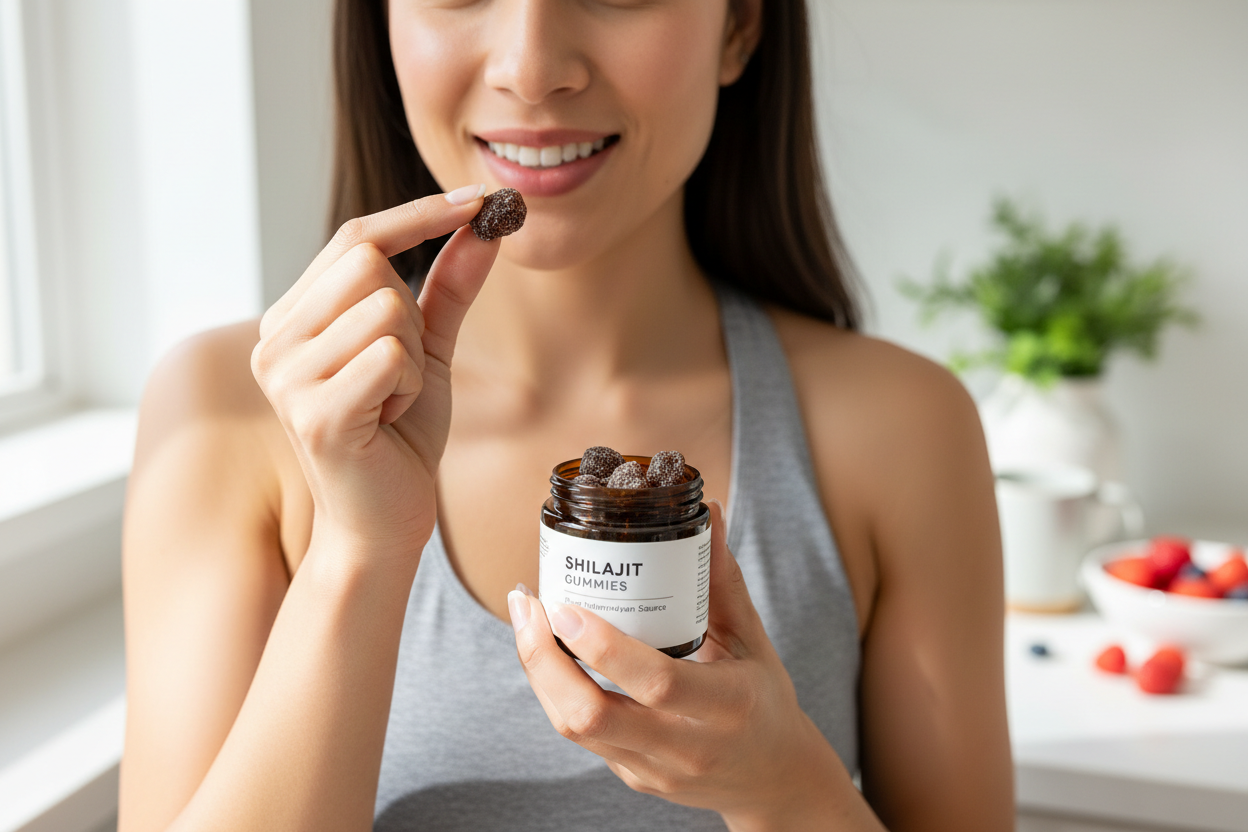 A women eating shilajit gummies